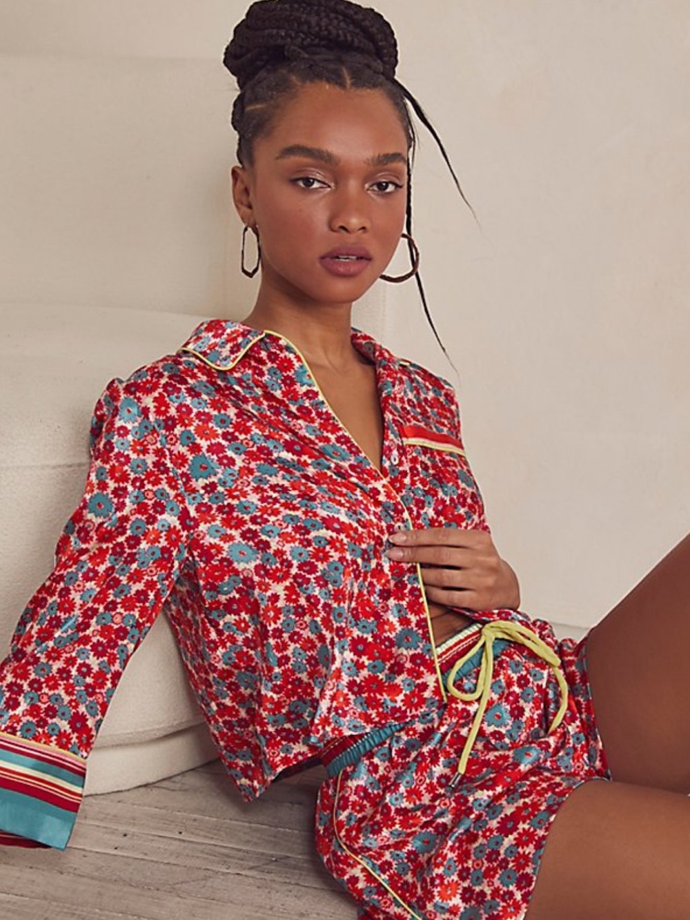Free People Red Pink Floral Short Pajama Set with Teal Trim